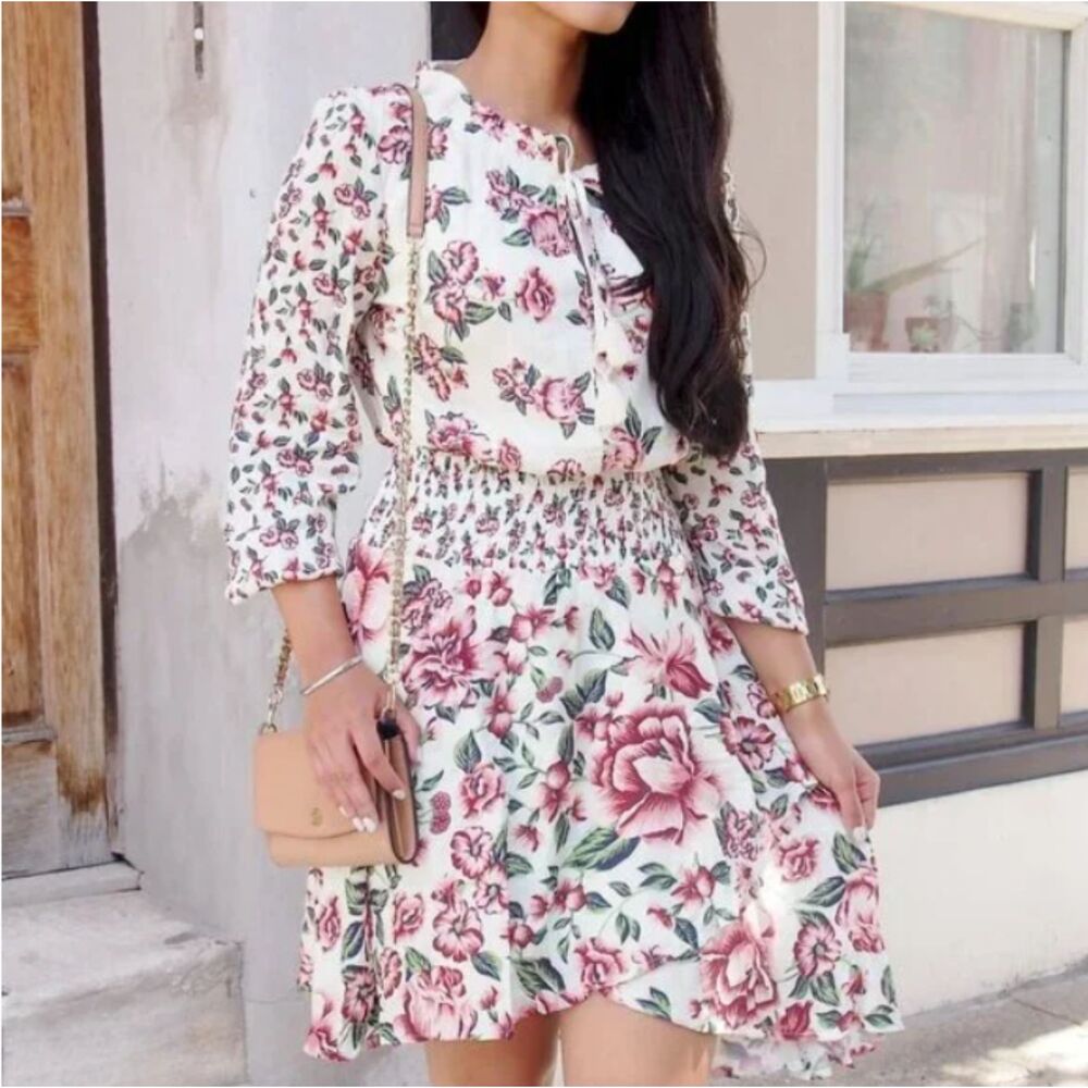 Anthropologie Farm Rio Anabela Smocked Dress Floral Long Sleeve Boho XS